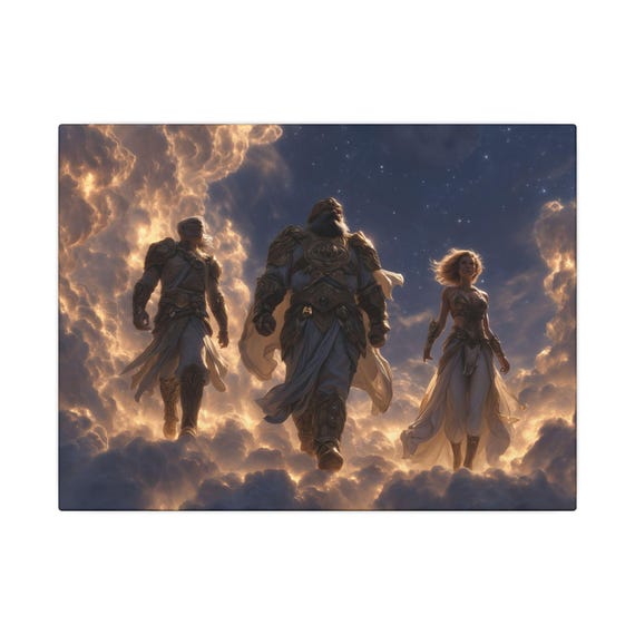 Epic Fantasy Warriors Canvas Wall Art Starry Sky Moonlit Clouds Celestial Print Golden Armor Mythology Decor Bold Dark