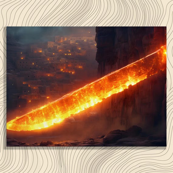 Epic Glowing Sword Canvas Wall Art Dark Fantasy Landscape Print Ancient City Cliff Mystical Artwork Decor For Collectors And Gamers