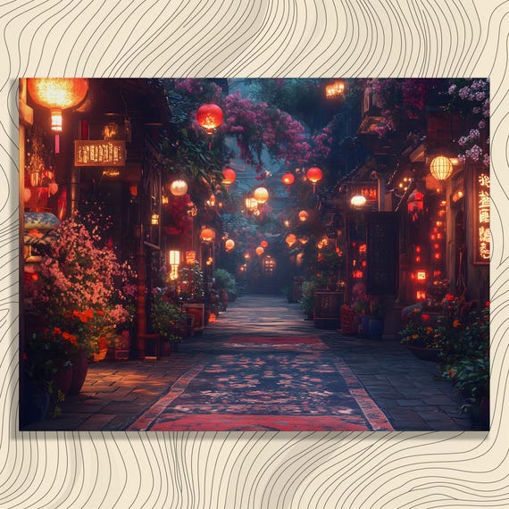 Vibrant Lantern Flowers Canvas Wall Art Festive Lanterns Garden Print Colorful Outdoor Lights Botanical Gardens Lovers