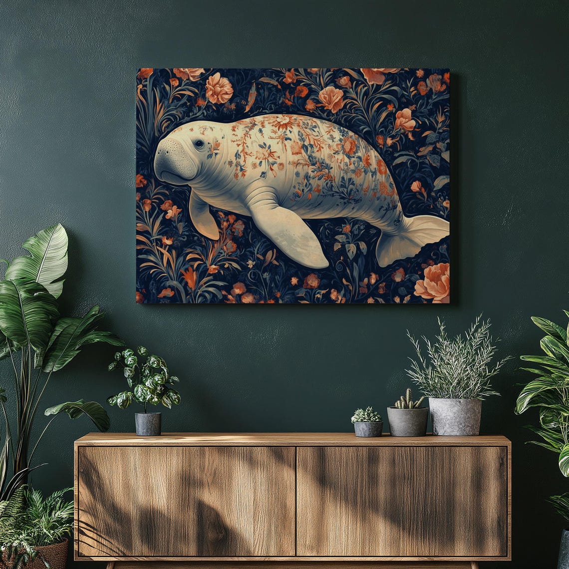 Manatee Floral Botanical Dark Navy Underwater Wildlife Wall Art