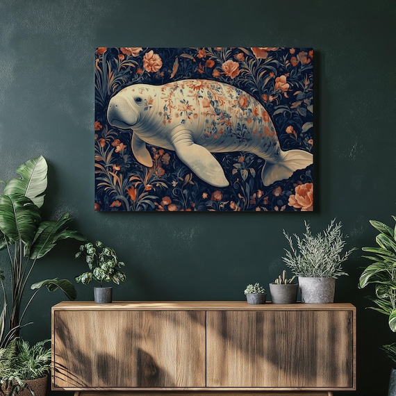 Manatee Floral Botanical Dark Navy Underwater Wildlife Wall Art