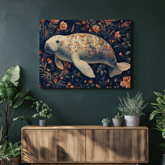 Serene Manatee Floral Canvas Wall Art Colorful Botanical Ocean Decor For Living Room Bedroom Or Nursery Underwater Wildlife Print