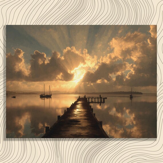 Golden Sunrise Wooden Pier Sailboats Calm Water Radiant Sky Poster