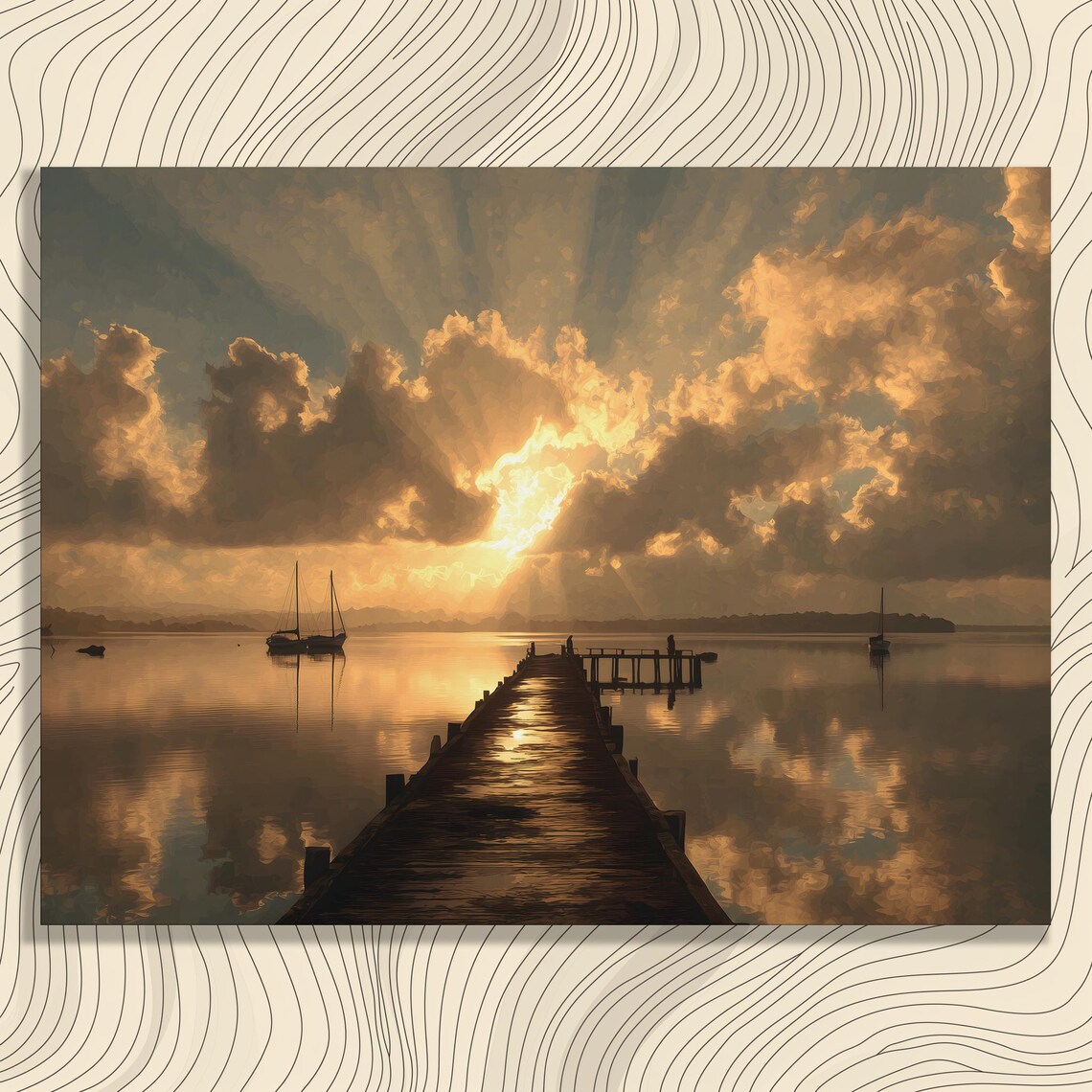 Golden Sunrise Wooden Pier Sailboats Calm Water Radiant Sky Poster