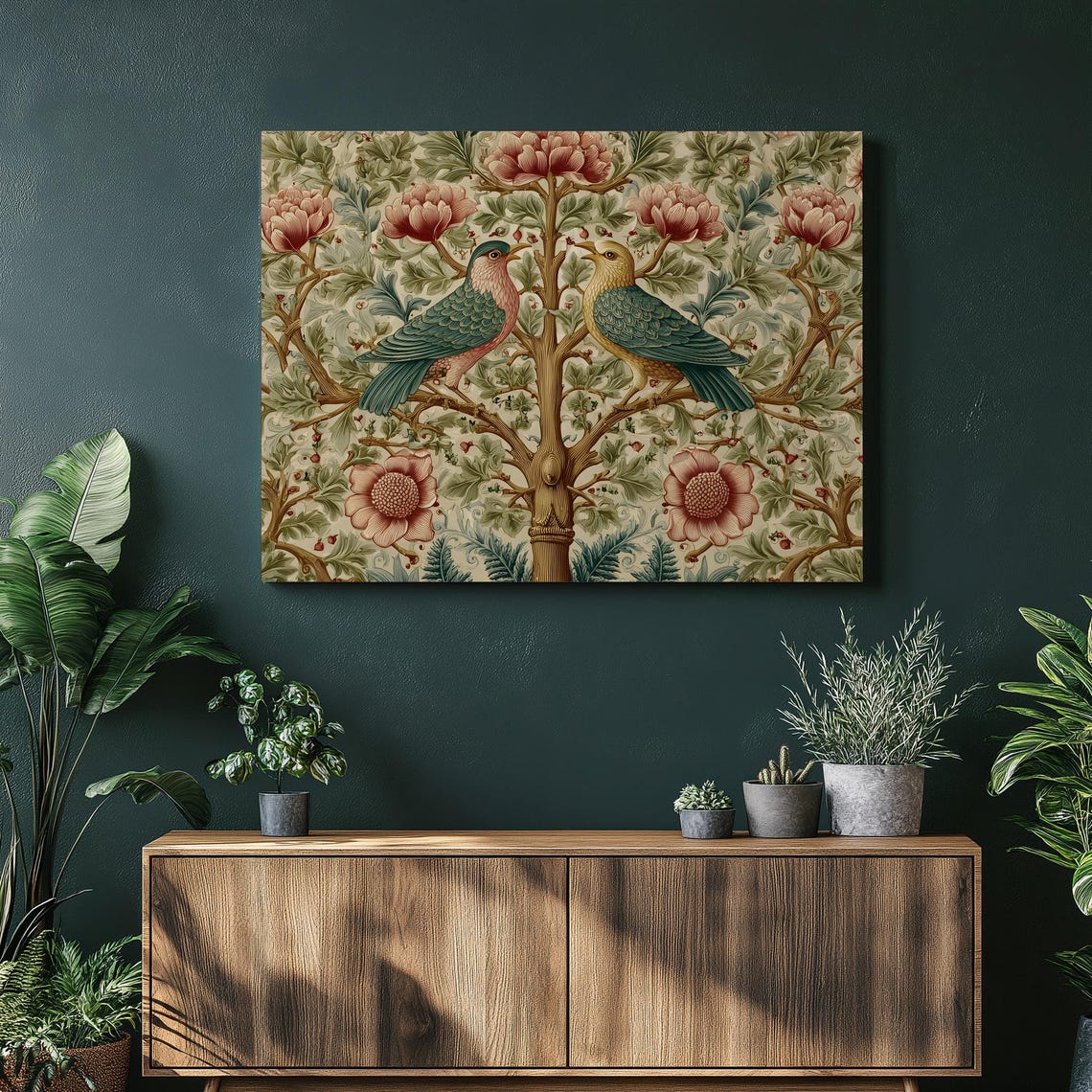 Two Songbirds Blooming Tree Vintage Botanical Tapestry Poster