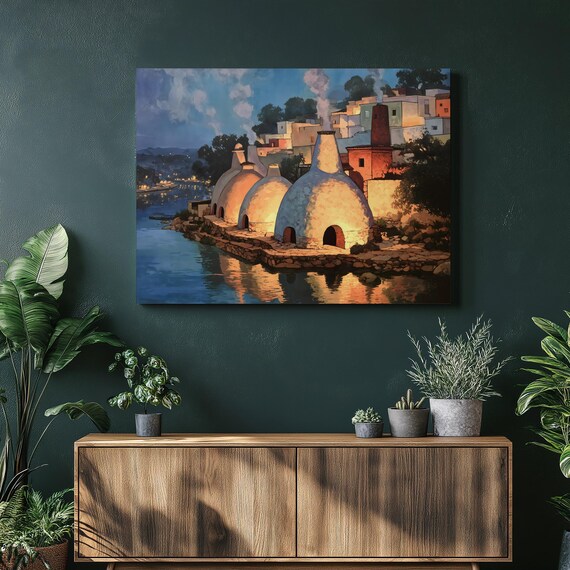 Twilight River Pottery Kilns Riverside Village Evening Poster