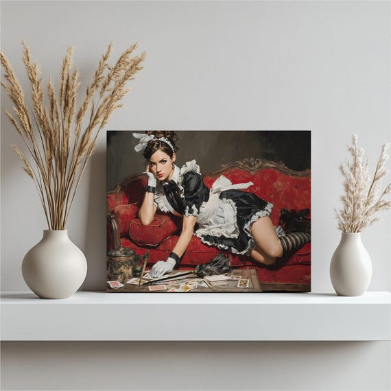 Vintage Maid Cards Canvas Wall Art Realistic Portrait Of A Woman With Playing On Red Sofa Feather Duster Interior Decor