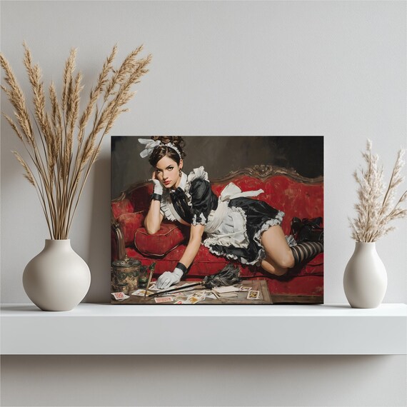 Vintage Pin Up Maid Red Couch Playing Cards Retro Glamour Art Poster