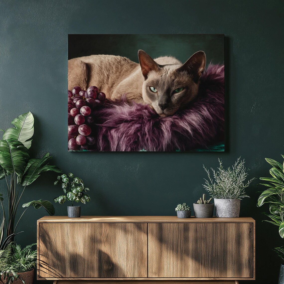 Green Eyed Cat On Purple Fur Pillow With Red Grapes Cozy Pet Poster