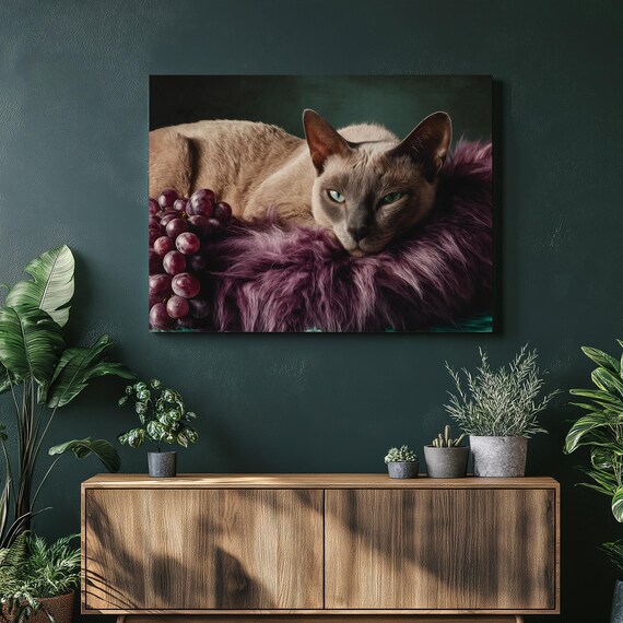 Green Eyed Cat On Purple Fur Pillow With Red Grapes Cozy Pet Poster