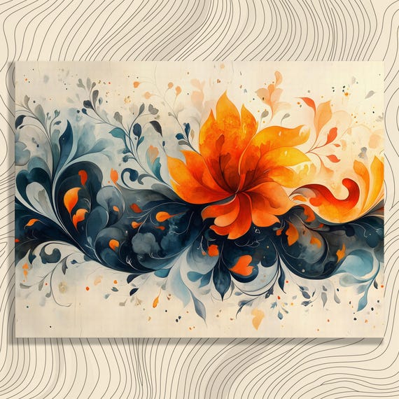Floral Botanical Canvas Wall Art Orange Flower With Teal Leaves Flowing Vines Decorative Pattern Large Statement Print For Home Decor