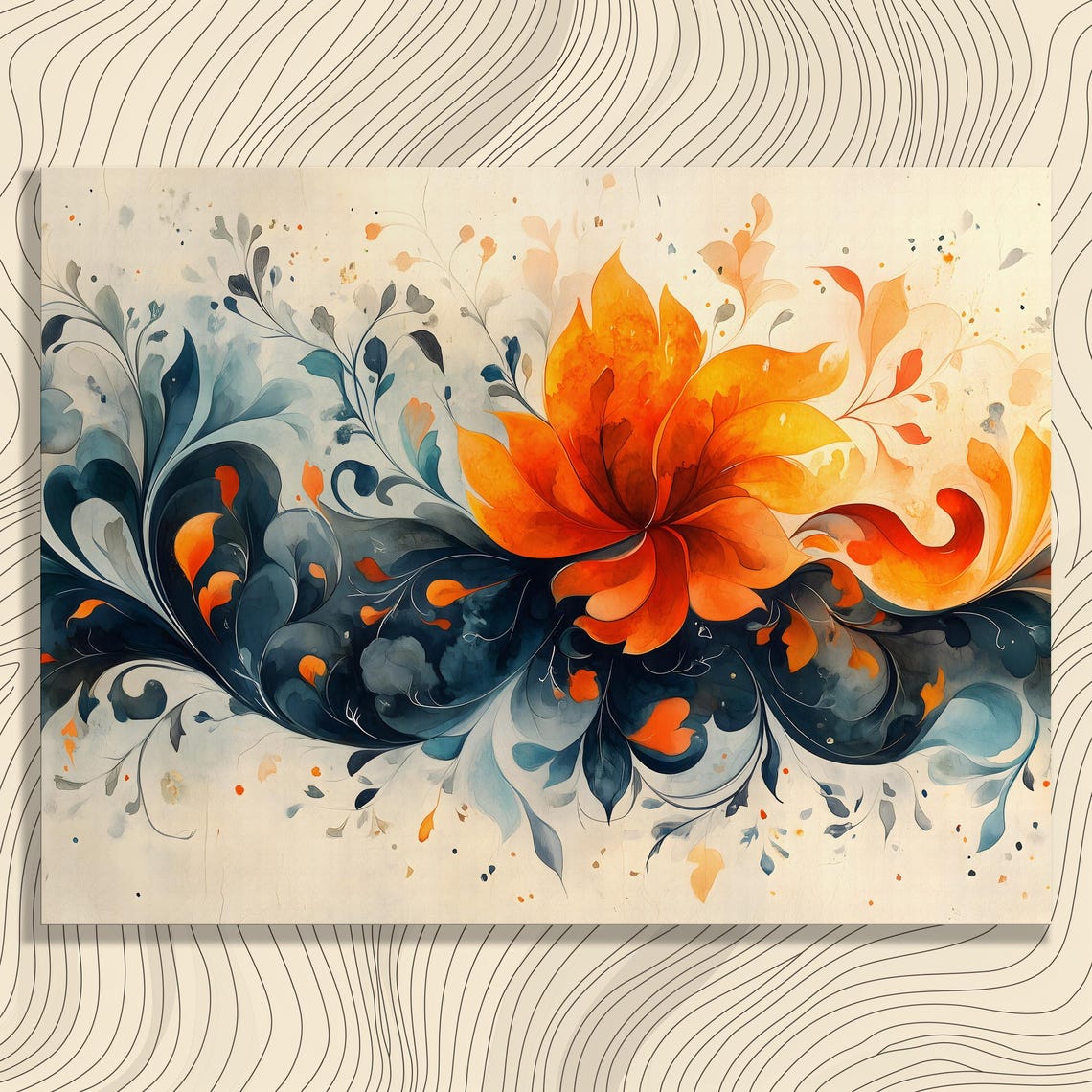 Floral Botanical Canvas Wall Art Orange Flower With Teal Leaves Flowing Vines Decorative Pattern Large Statement Print For Home Decor