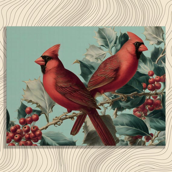 Cardinal Birds Canvas Wall Art Vintage Holly Berries Illustration Red Northern Print Botanical Nature Decor Farmhouse Style