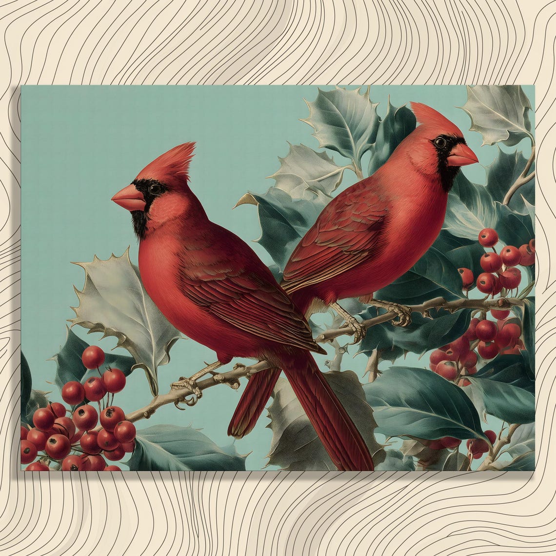 Cardinal Birds Vintage Holly Berries Winter Illustration Art Print