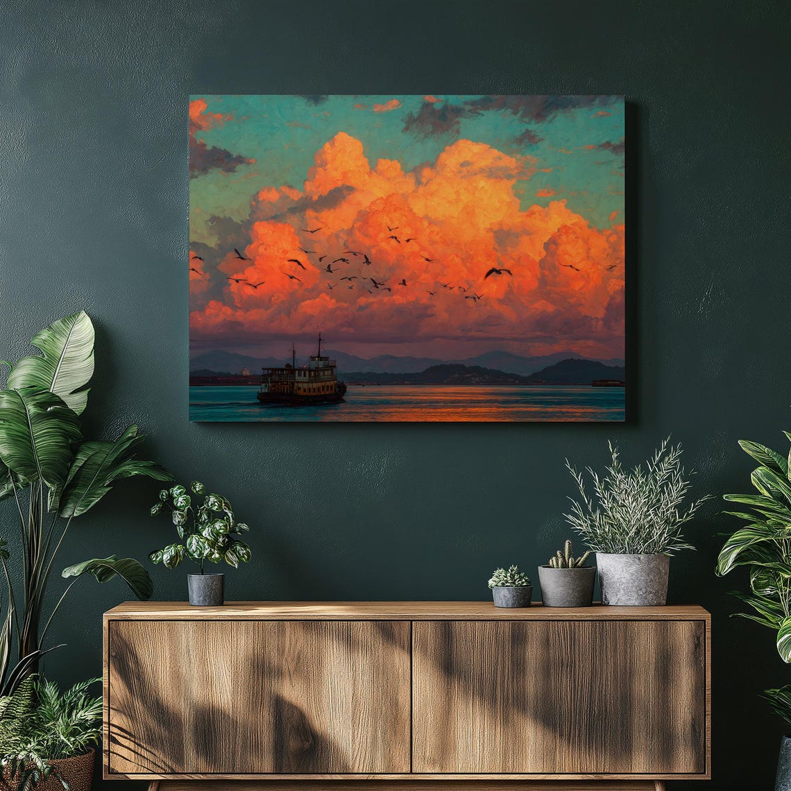 Sunset Boat Seascape Orange Clouds Birds Oil Painting Poster