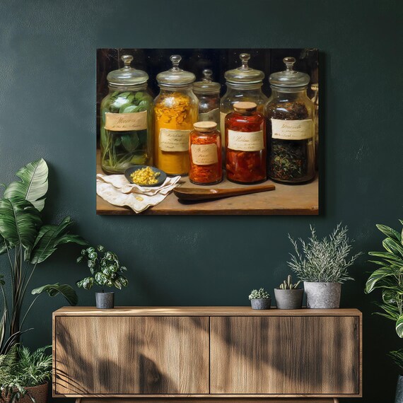 Vintage Apothecary Jars Rustic Botanical Herb Still Life Poster