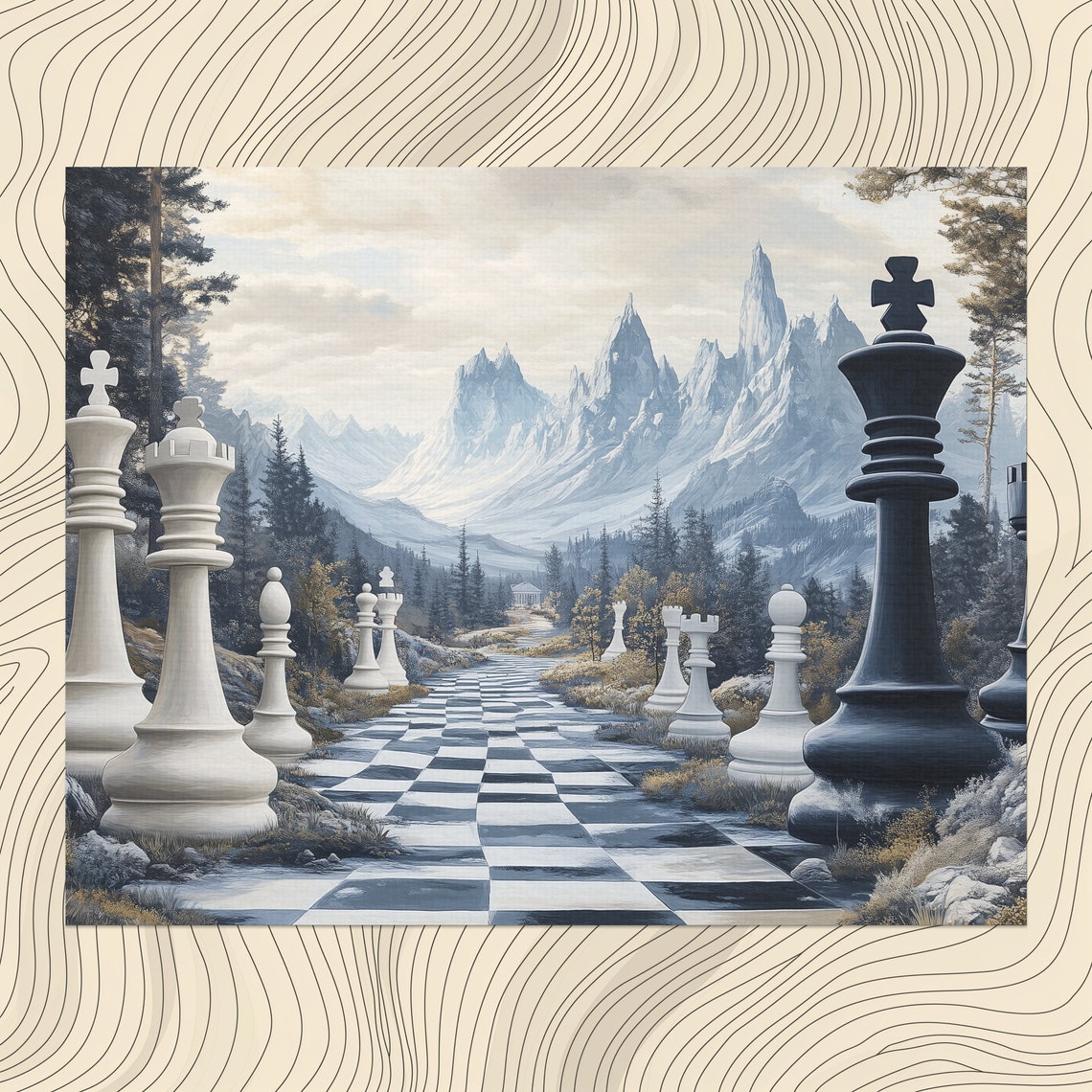 Giant Chess Pieces Mountain Landscape Surreal Black White Art Poster