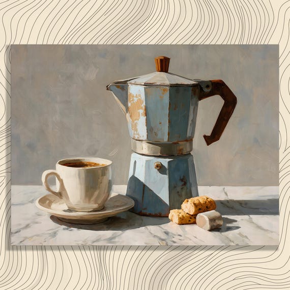 Italian Coffee Canvas Wall Art Rustic Vintage Kitchen Decor Moka Pot Oil Painting Print Biscotti Brew Cup Tabletop Still Life