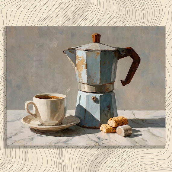 Moka Pot Espresso Cup Biscotti Italian Coffee Still Life Art Poster