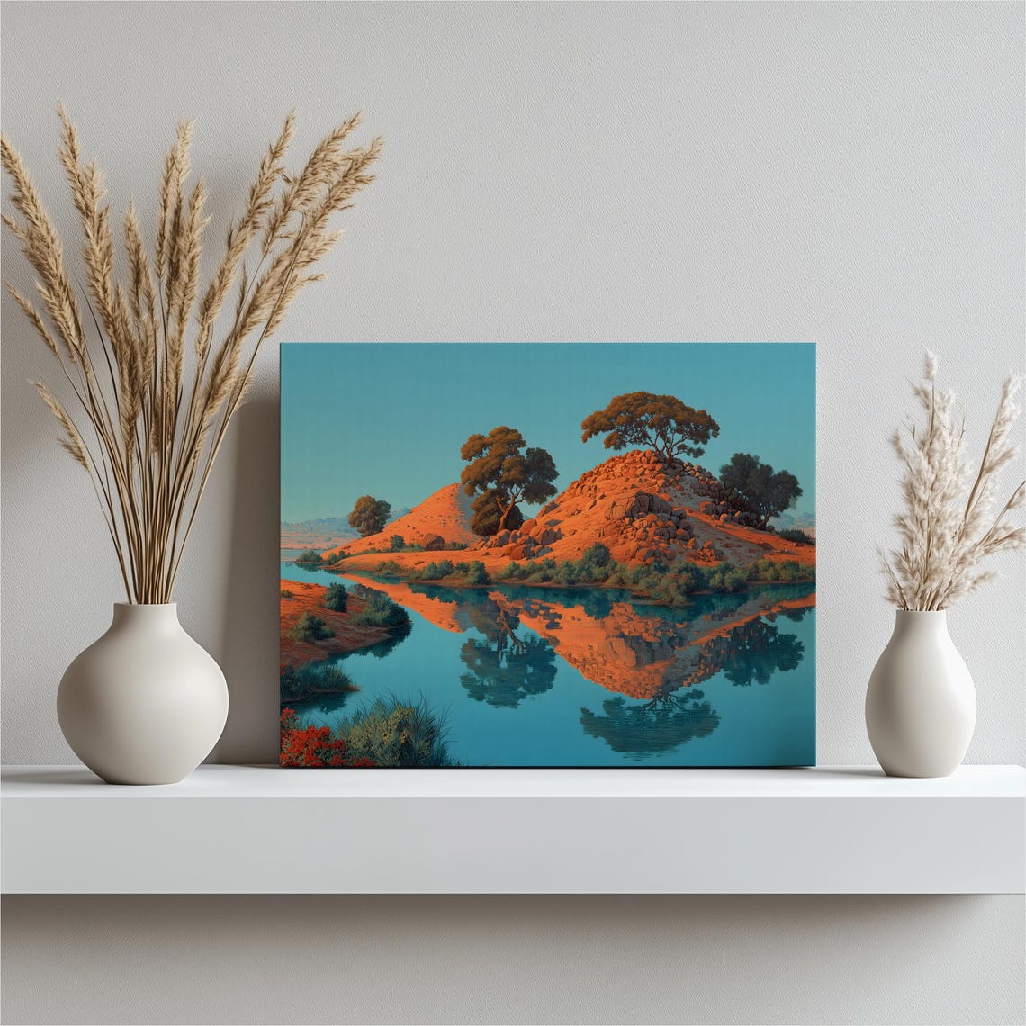 Serene Lake Reflection Rustic Orange Hills Mirror Calm Water Poster