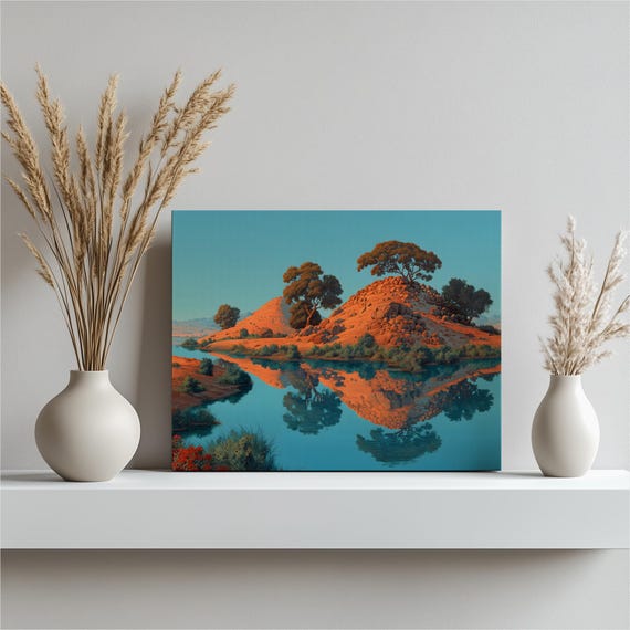 Serene Lake Reflection Canvas Wall Art Modern Desert Landscape Nature Print Blue Scenery Painting Colorful Decor Contemporary Gift
