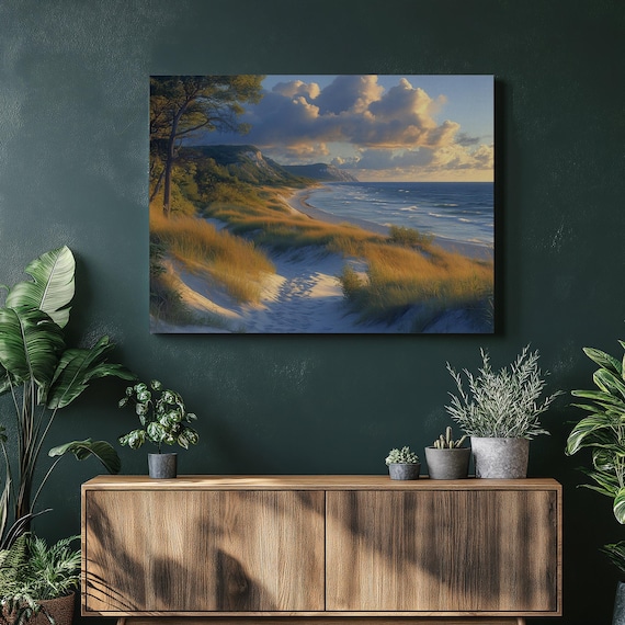 Sleeping Bear Dunes Coastal Canvas Lake Michigan Sand Landscape Painting For Beach Home Decor Living Room Wall Art