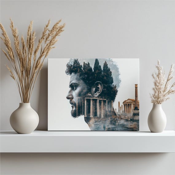 Roman Ruins Portrait Canvas Wall Art Double Exposure With Ancient Architecture
