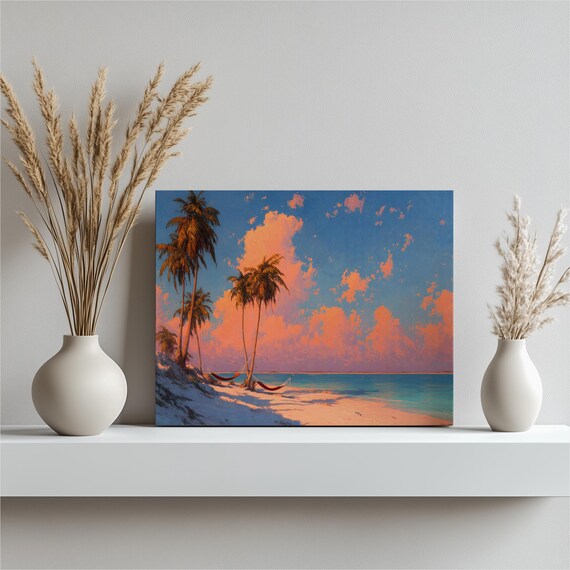 Serene Tropical Beach Sunset Palm Trees Hammock Ocean Art Print