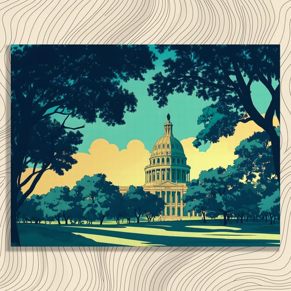 Texas State Capitol Canvas Wall Art Austin Dome Illustration Skyline Park View Architecture Print Teal Green Yellow Sky Landscape Decor
