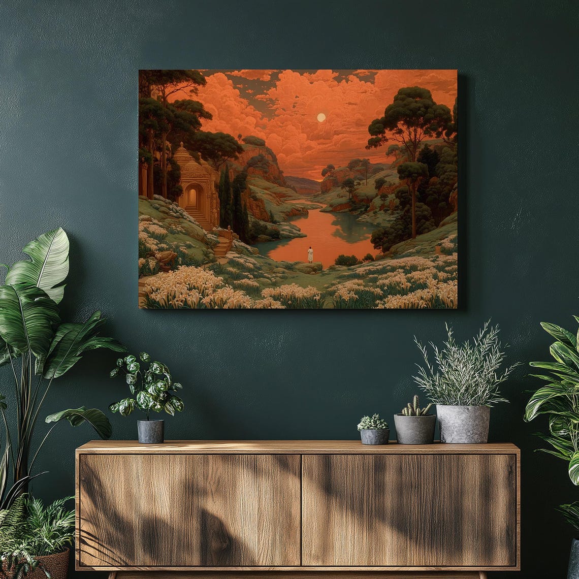 Lone Figure River Canvas Wall Art Sunrise Sunset Landscape Painting With Clouds In And Botanical Decor Meditative