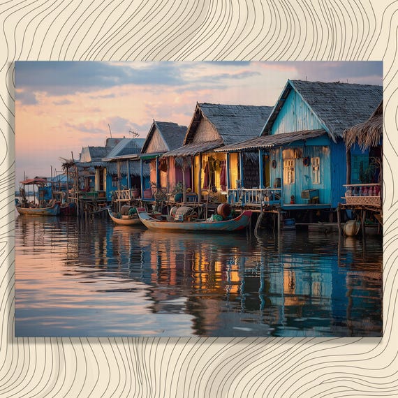 Tropical Stilt Village Canvas Wall Art Sunset Waterfront Reflections With Wooden Fishing Boat Scene Colorful Seaside Houses Travel Print