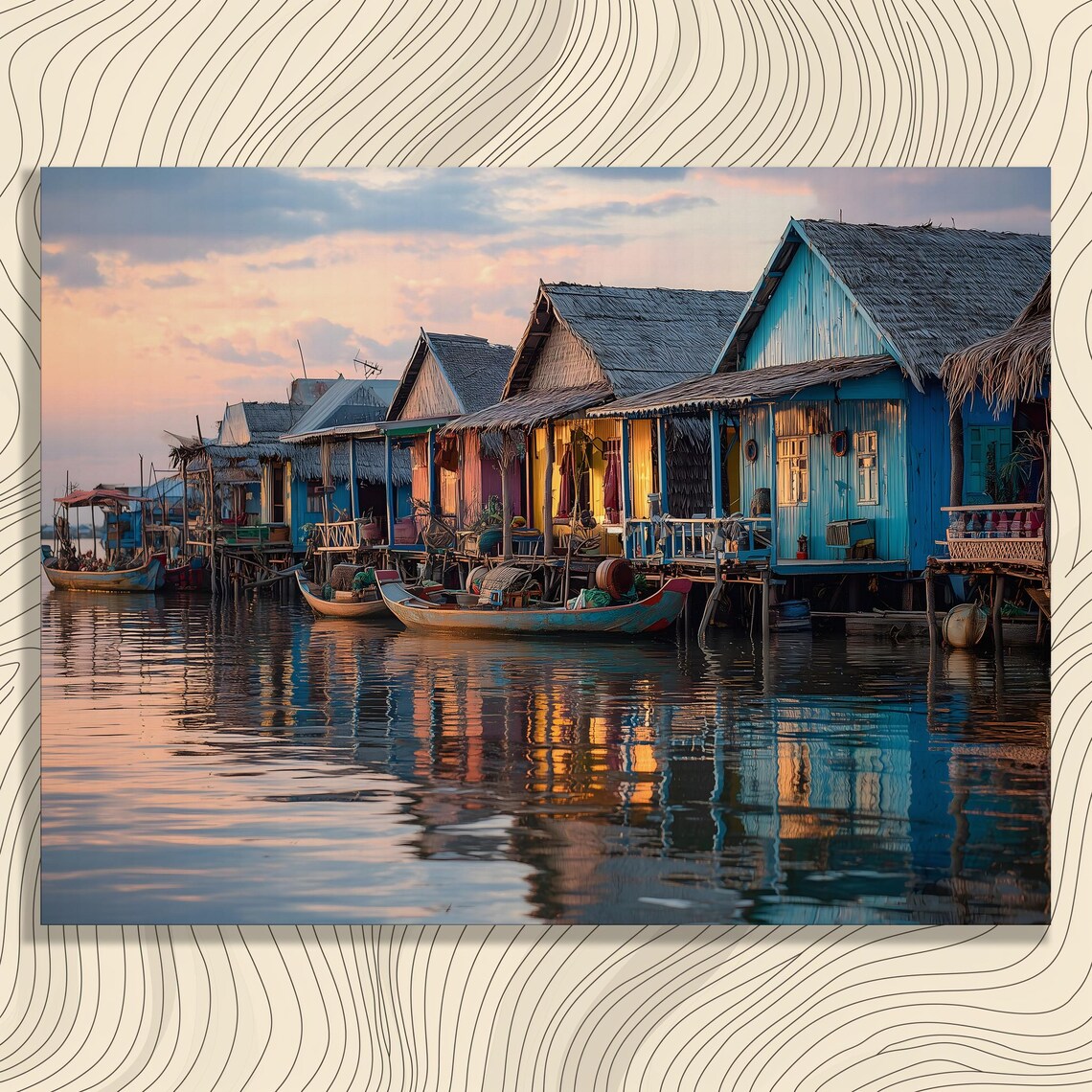 Tropical Stilt Village Canvas Wall Art Sunset Waterfront Reflections With Wooden Fishing Boat Scene Colorful Seaside Houses Travel Print