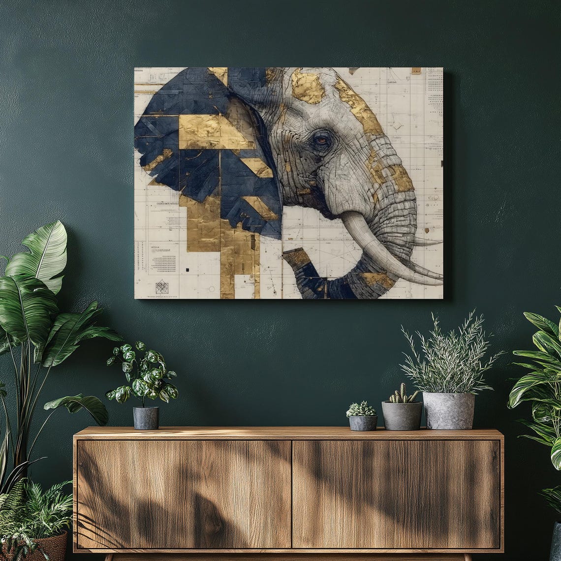 Geometric Elephant Head Navy and Gold Collage Modern Art Poster