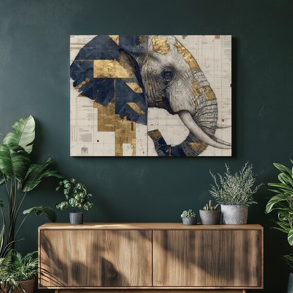 Abstract Elephant Canvas Wall Art Modern Blue Gold Wildlife Print Geometric Tusk Portrait Mixed Media Contemporary Animal Gift Artwork