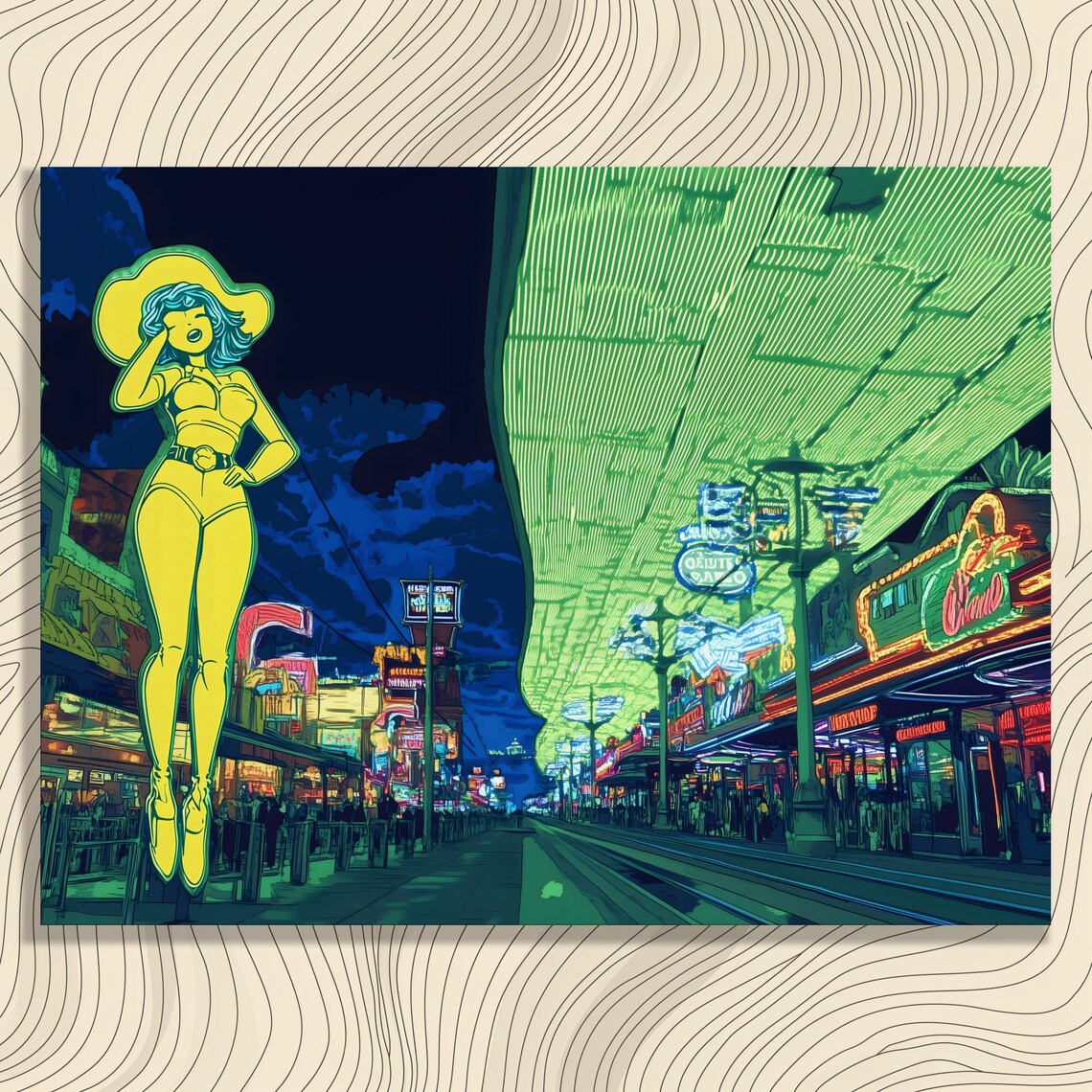 Las Vegas Neon Street Night With Giant Cowgirl Sign City Poster