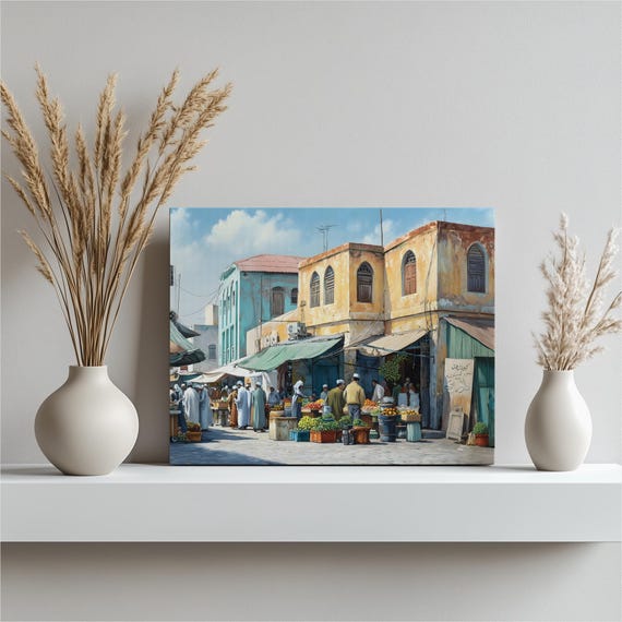 Moroccan Street Market Canvas Wall Art Vibrant Bazaar Print Urban Travel Decor Painting Of A Colorful North African Souq Fruit Stand Scene