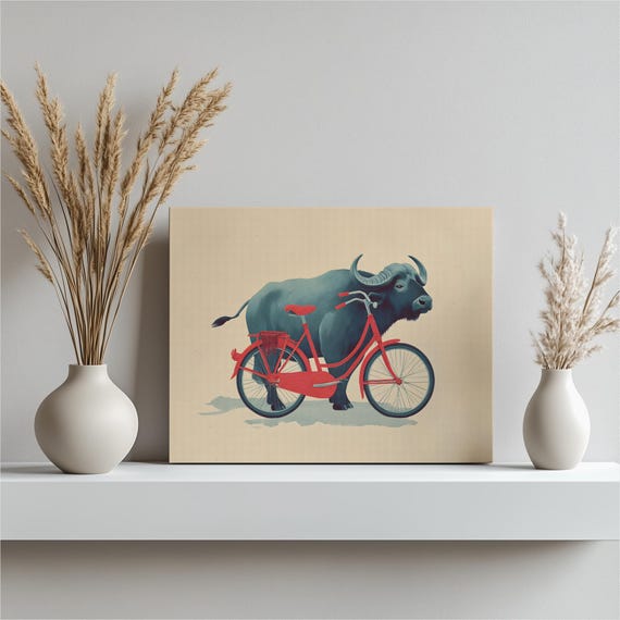 Water Buffalo Bicycle Canvas Wall Art Whimsical Cycle Illustration Rustic Animal Decor Farm Print Unique Country Gift