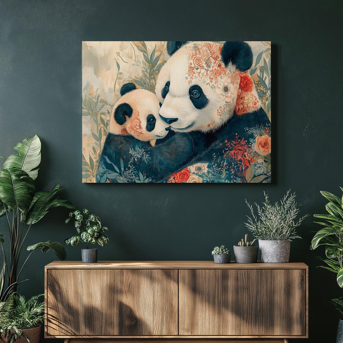 Giant Panda Mother And Cub Embracing Floral Watercolor Animal Poster