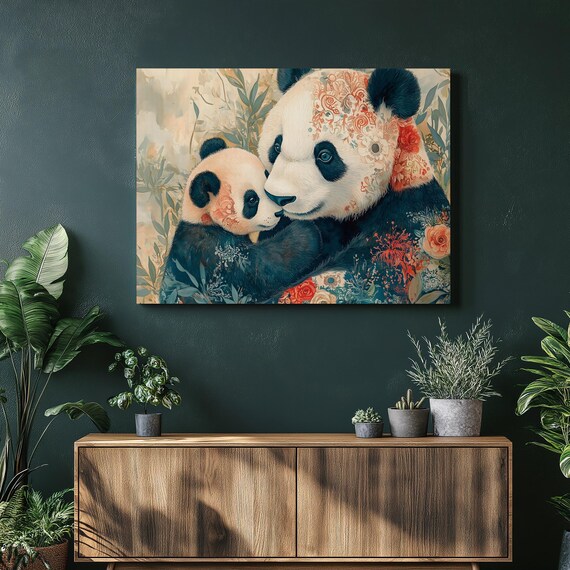 Giant Panda Mother And Cub Embracing Floral Watercolor Animal Poster