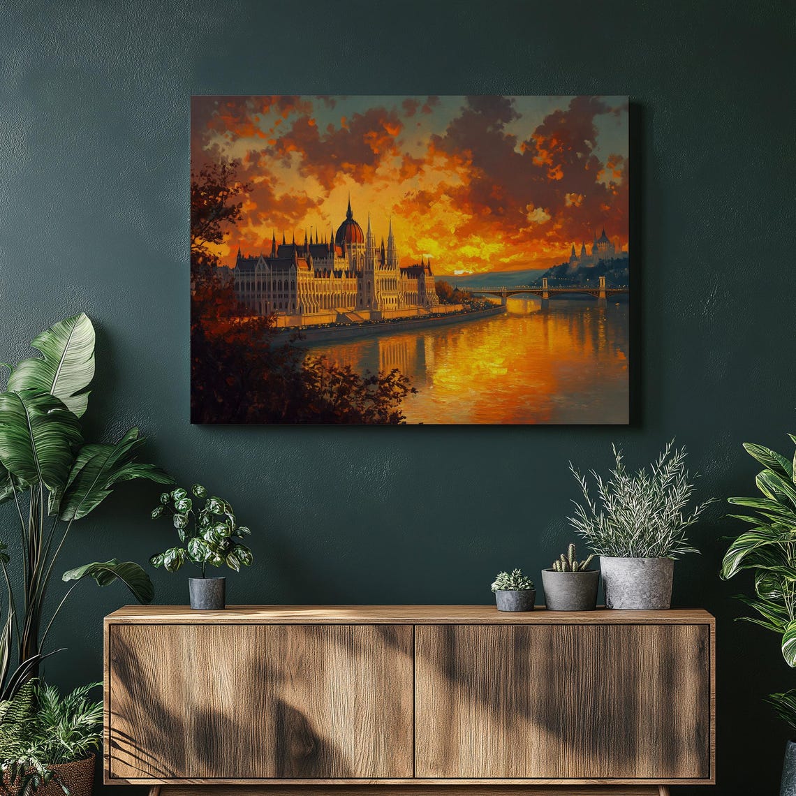 Golden Budapest Parliament Building Sunset Danube Painting Poster