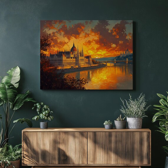 Colorful Budapest Sunset Canvas Wall Art Hungary Parliament Building Over Danube River Vibrant Cityscape Home Decor Print