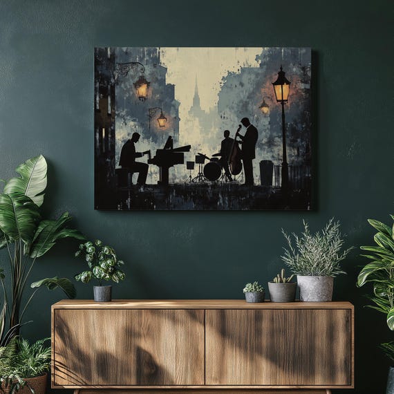 Jazz Music Canvas Wall Art Vintage Postcard City Scene Silhouette Band With Street Lamps Modern Home Decor Gift