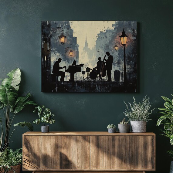 Jazz Trio Night City Piano Bass Drums Cool Blue Music Poster