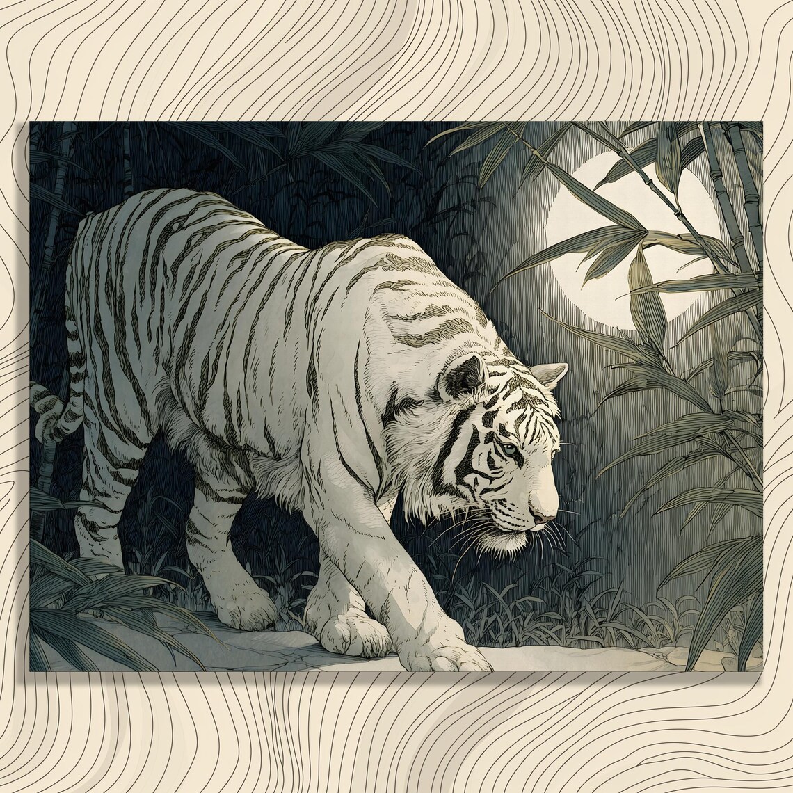 White Tiger in Moonlit Bamboo Jungle Detailed Line Art Wildlife Poster