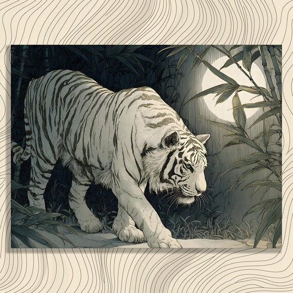 White Tiger in Moonlit Bamboo Jungle Detailed Line Art Wildlife Poster