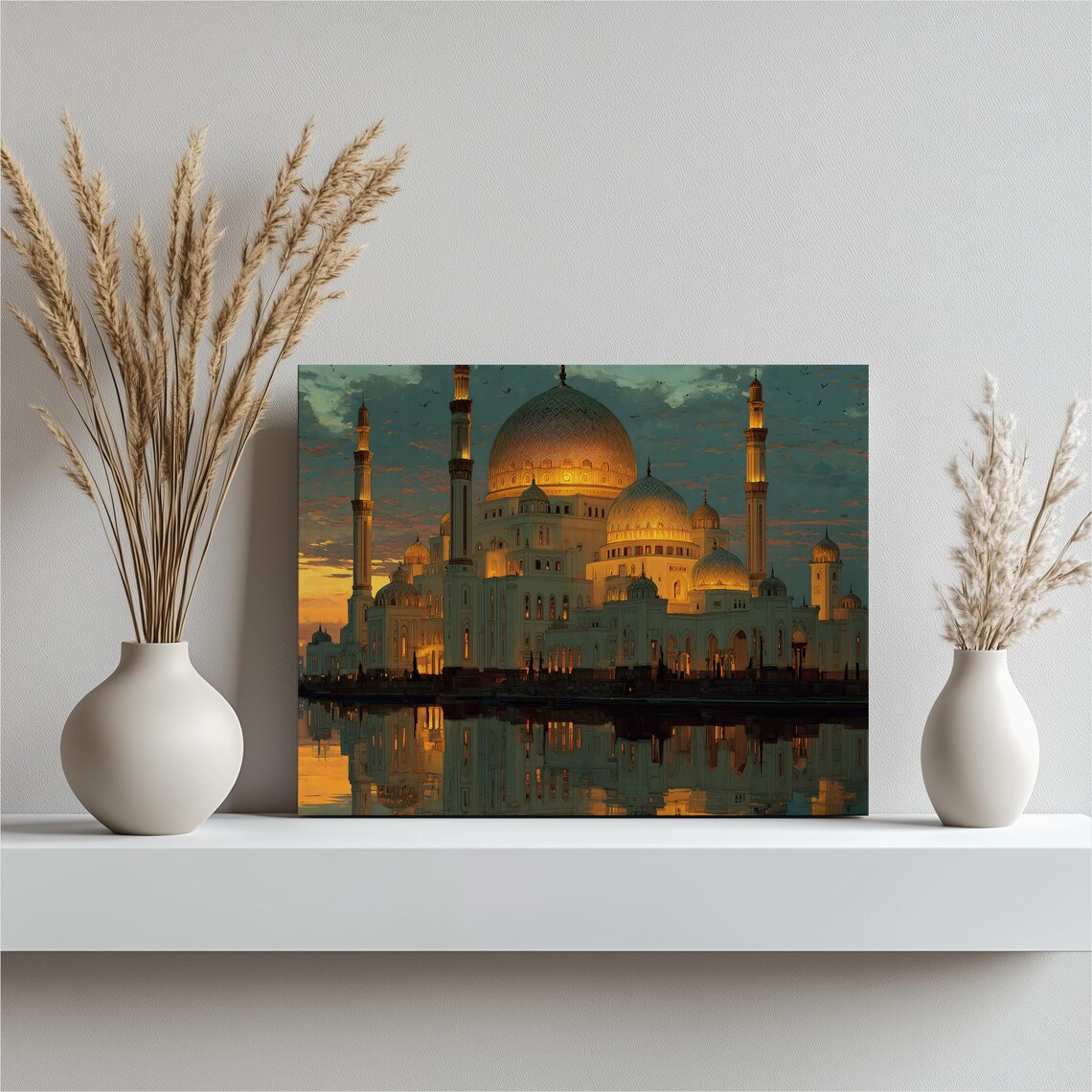 Mosque Sunset Reflection Canvas Wall Art Islamic Architecture Minaret Domes Twilight Skyline Water Mirrored Cityscape Decor Print