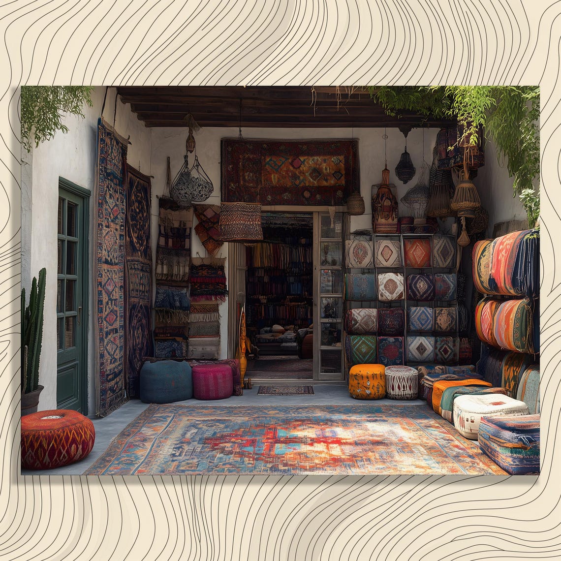 Colorful Moroccan Rug Bazaar Interior Textile Market Scene Poster