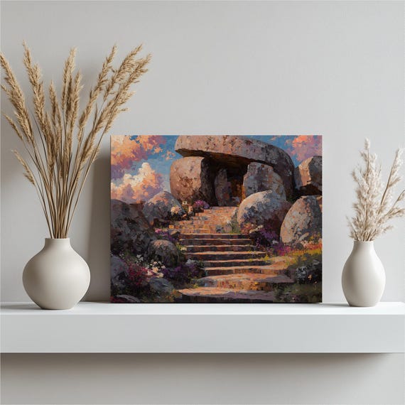 Colorful Wildflowers Canvas Wall Art Rustic Stone Staircase Garden Path Cave Entrance Sunset Sky Impressionist Landscape Painting Print