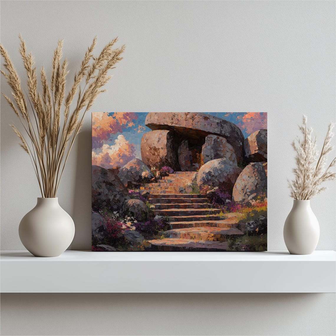 Ancient Stone Dolmen Sunset Wildflowers Oil Painting Landscape Poster