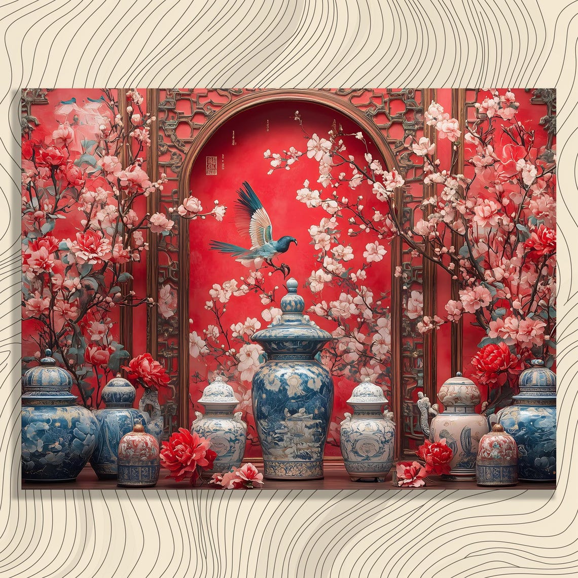 Red Chinoiserie Ginger Jars Cherry Blossom Bird Asian Wall Art